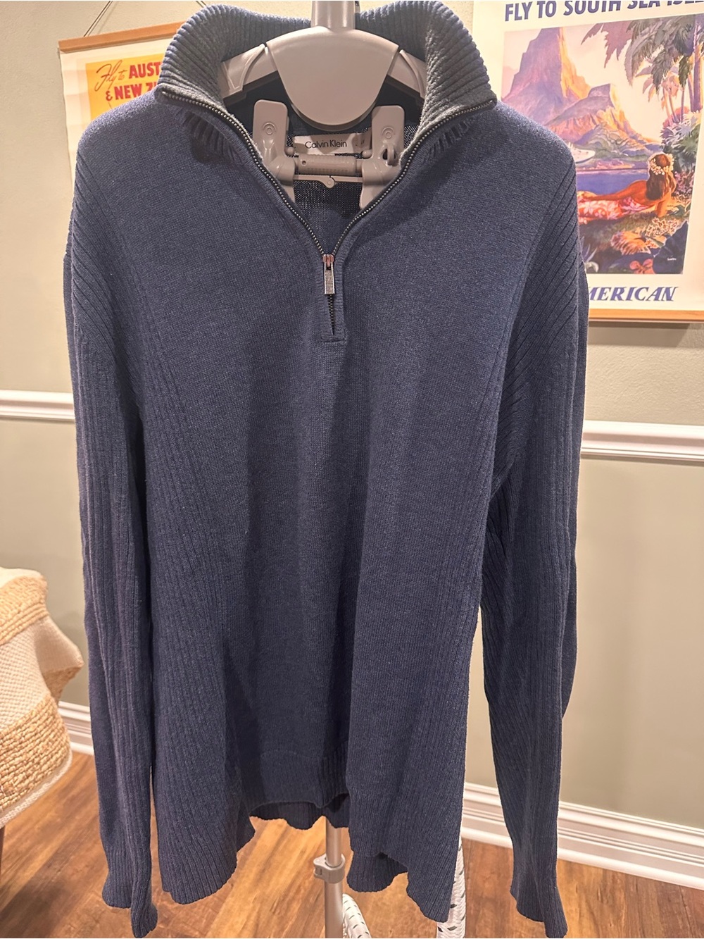Calvin Klein Men's Dark Blue Quarter-Zip Knit Sweater- Size Large